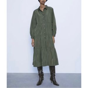 NWT ZARA Gathered Nylon Midi Dress in Khaki Green M